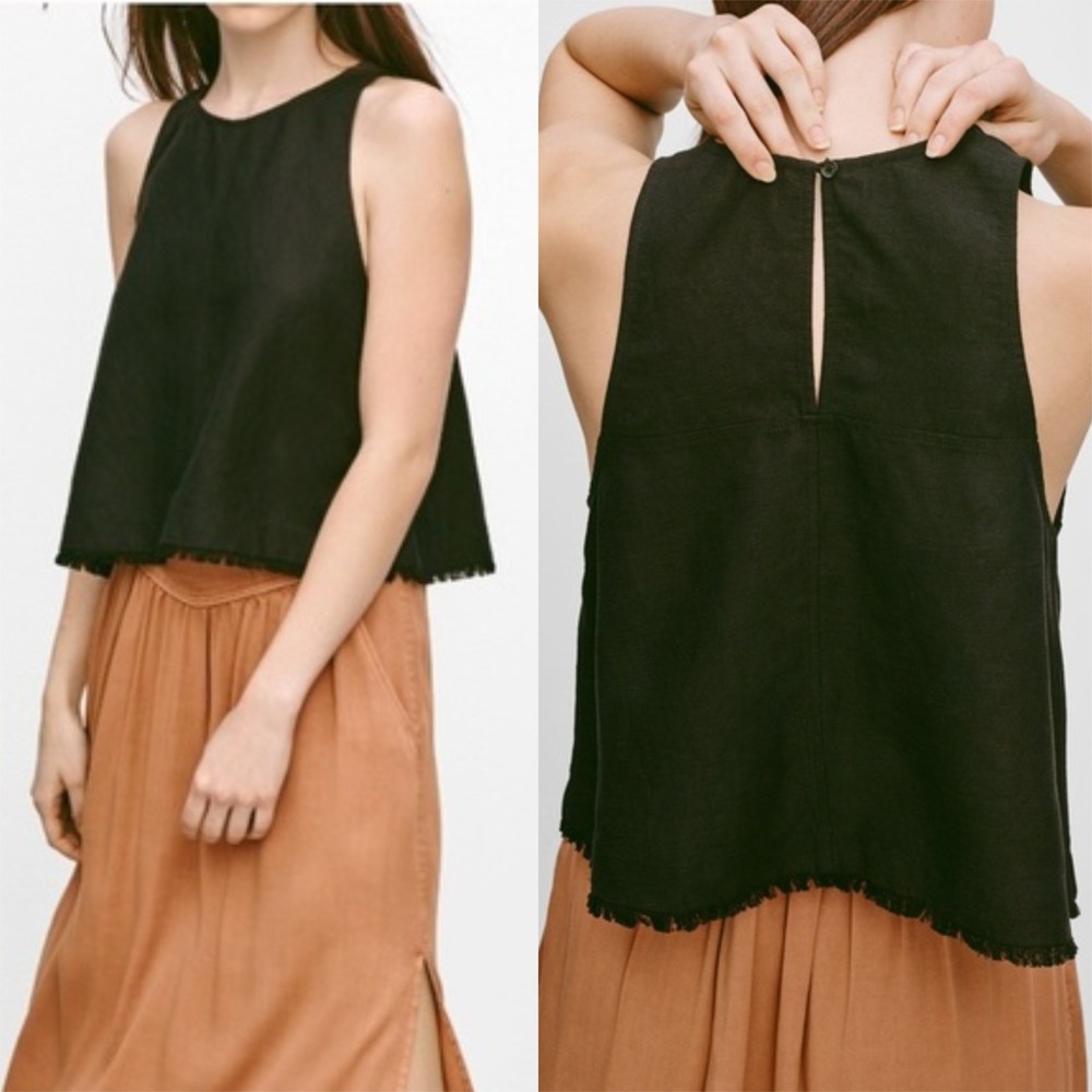 Aritzia Wilfred Black Octave Linen Tank Top Crop Blouse Fray Raw Hem Keyhole XXS